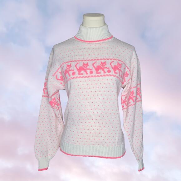 Chris Ann Originals Sweaters - Vintage 80s White with Hot Pink Kitty Cat Knit Pastel Goth Sweater Pullover Tops